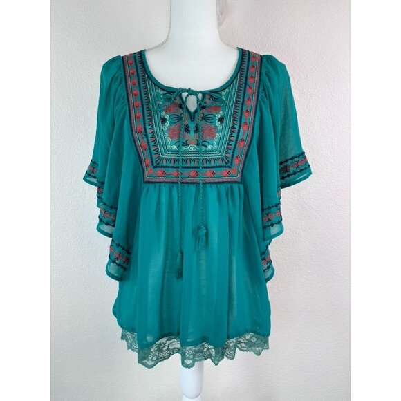 Flying Tomato women's medium teal green embroidered peasant flutter sleeve top - Picture 1 of 9